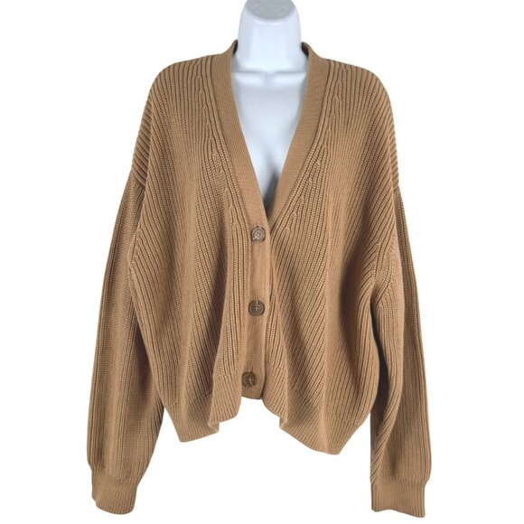 Quince Organic Cotton Fisherman Boxy Cropped Cardigan Sweater XL Camel CJ-2165 - Picture 1 of 10